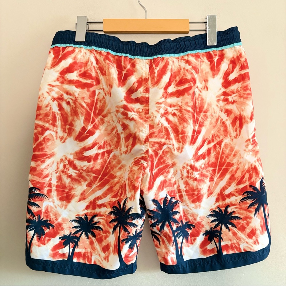 Big Chill Orange Tie-Dye Swim Trunks w Navy Palm Tree Design – Size XL - Picture 7 of 12